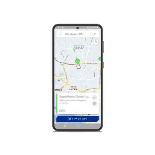 Select the current EV charging station and appropriate connector <br><span>OR</span> <br>Click “Scan QR code” to scan the QR code near the charger connector
