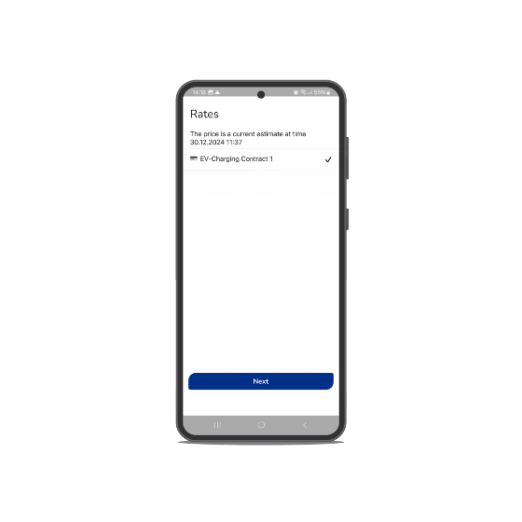 Select your contract to view the price at the current charger, and press “Next”